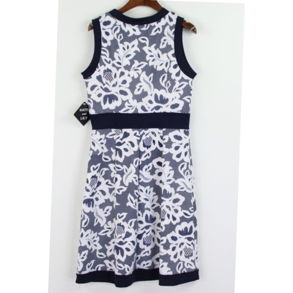 Kate and Lily Fit/Flare Lace Midi Dress Sleeveless 12 Navy White Floral Cottage - Picture 2 of 8